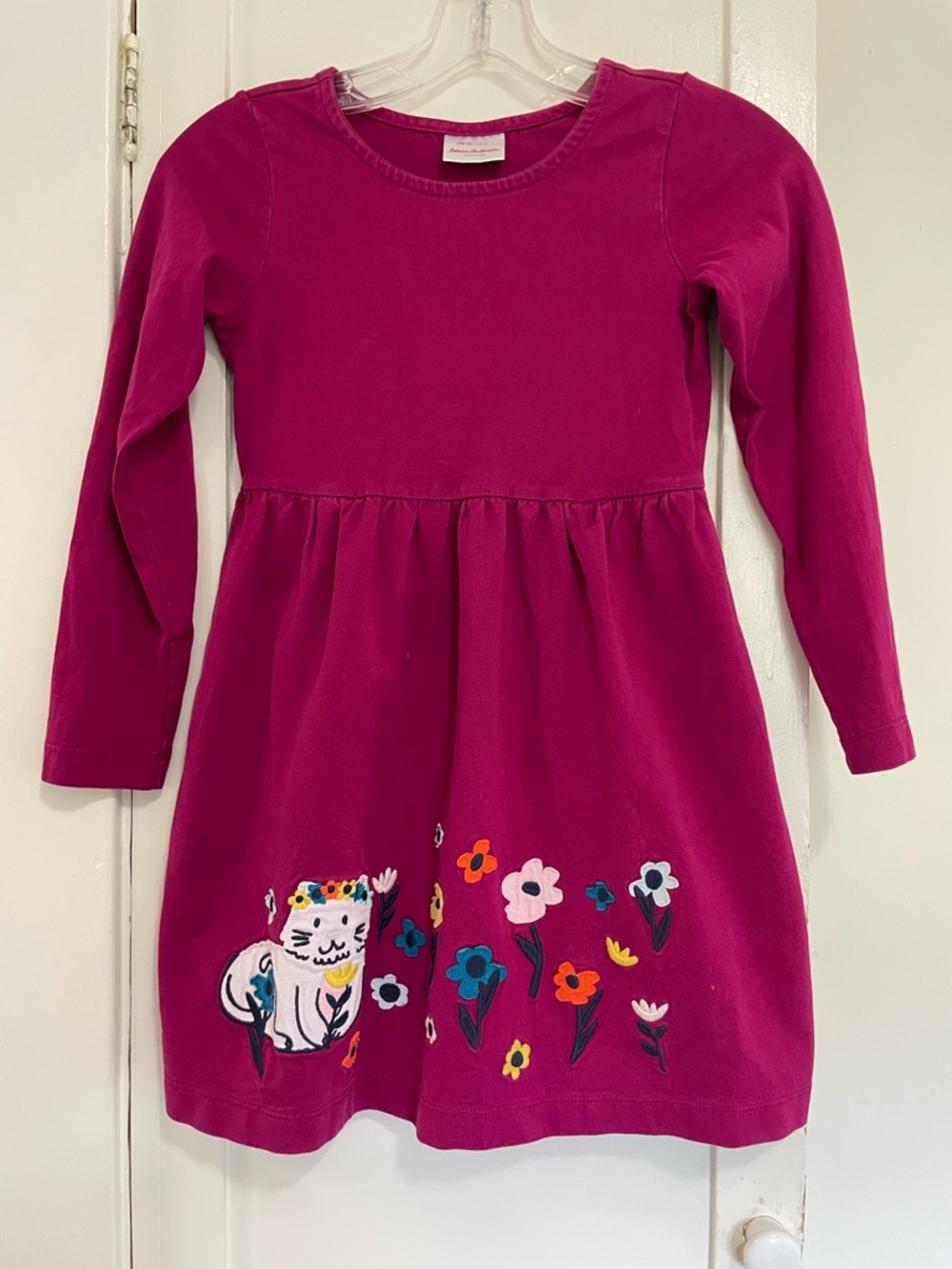 Hanna Andersson Magenta Long-Sleeve Dress with Cat & Floral Embroidery size 8